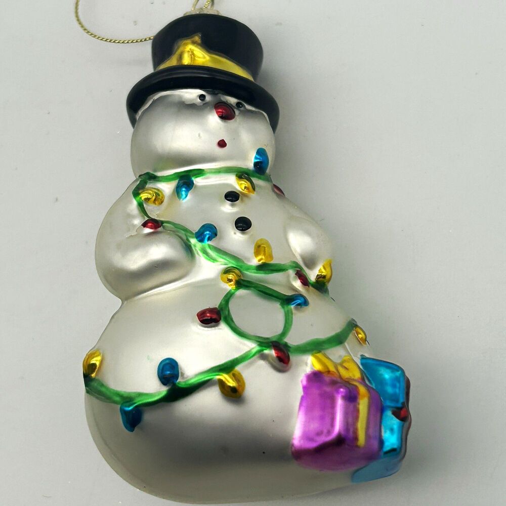 Glass Snowman Christmas Ornament Silver Multicolor Lights Gifts Hanging 5”